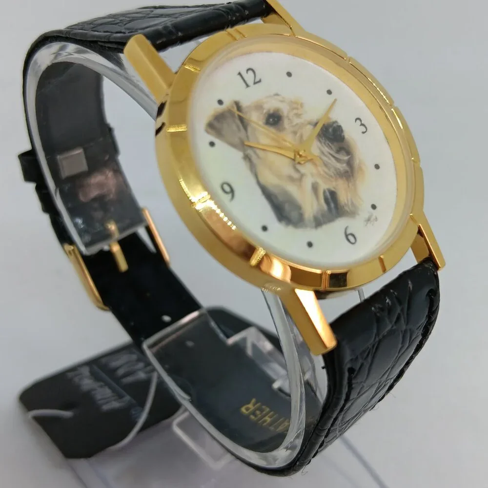 Airedale Terrier 33mm Women's Gold Tone Black Leather Band Dog Watch